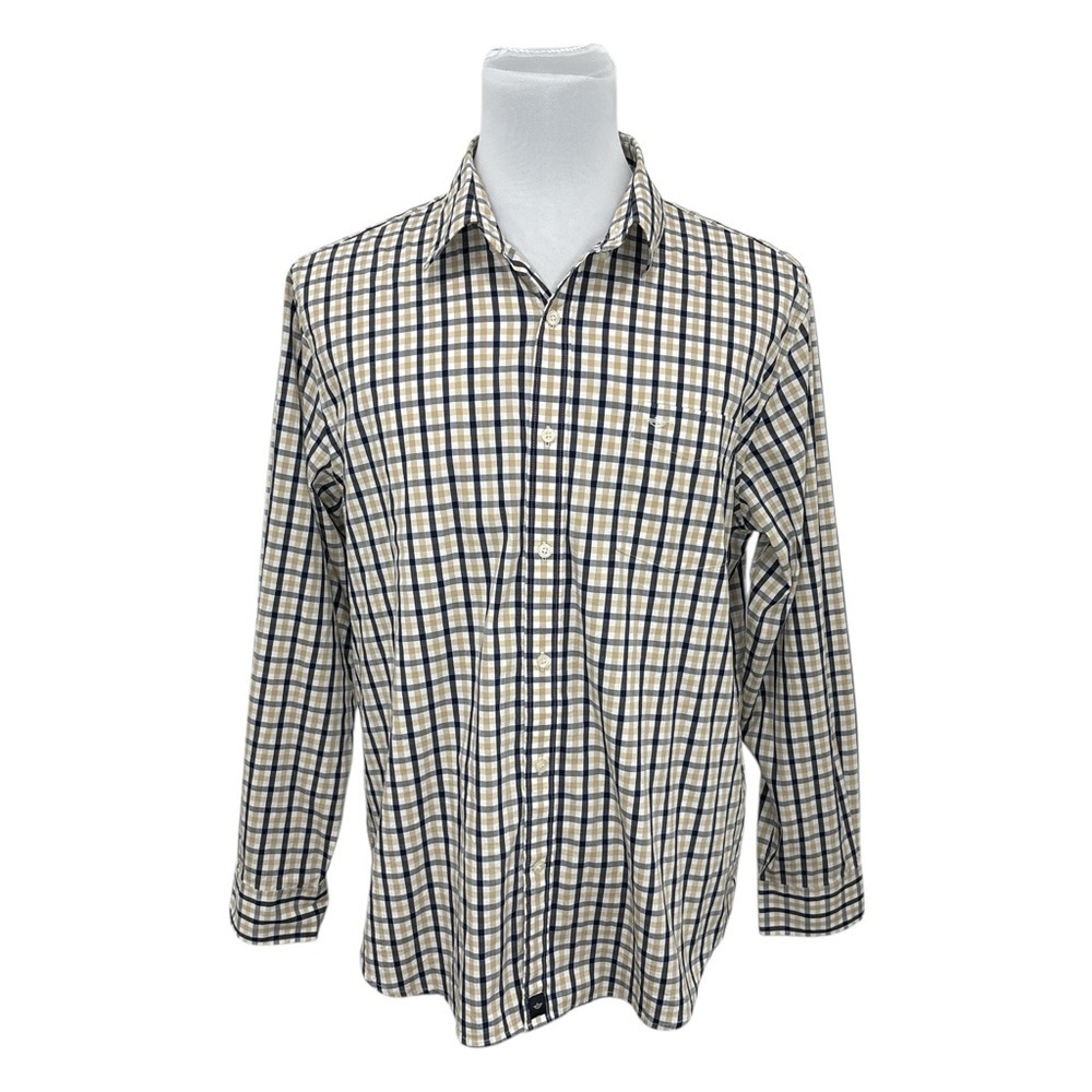 Dockers Men's Tan & Blue Plaid Button Down Shirt Long Sleeve Pocket Size XL